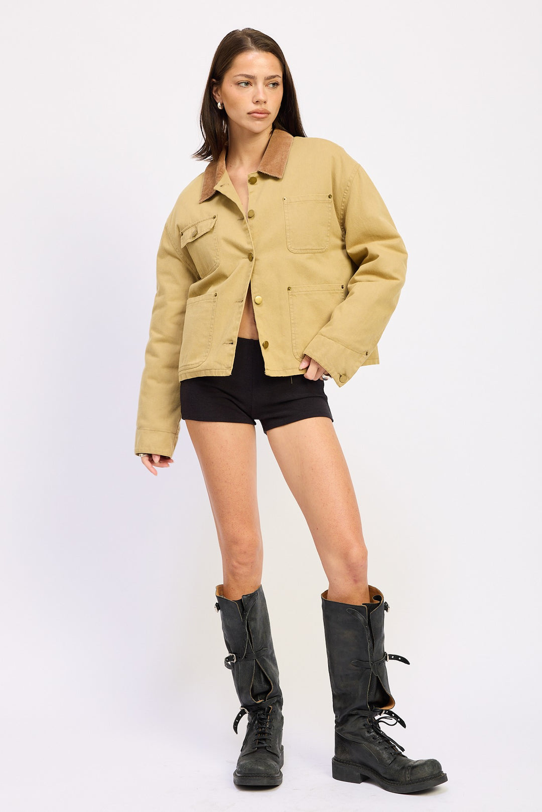 Olive Khaki Combo Chore Jacket With Pockets