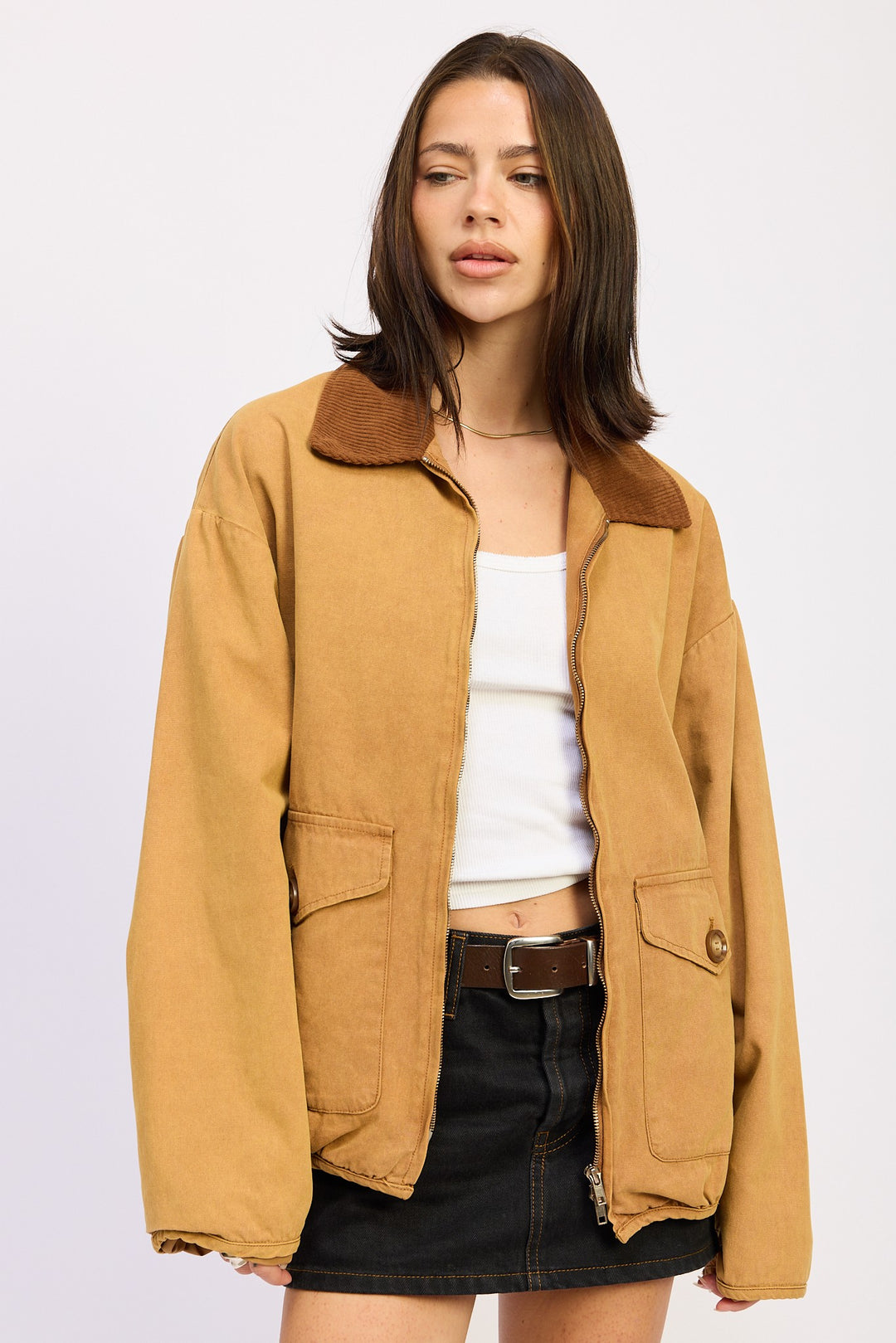 Coco Brown Contrasted Collar Jacket With Pockets