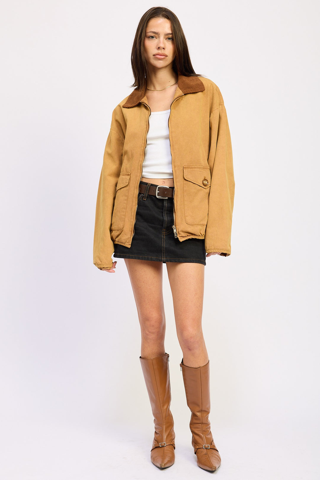 Coco Brown Contrasted Collar Jacket With Pockets