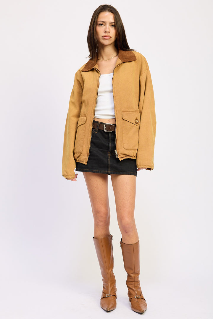 Coco Brown Contrasted Collar Jacket With Pockets
