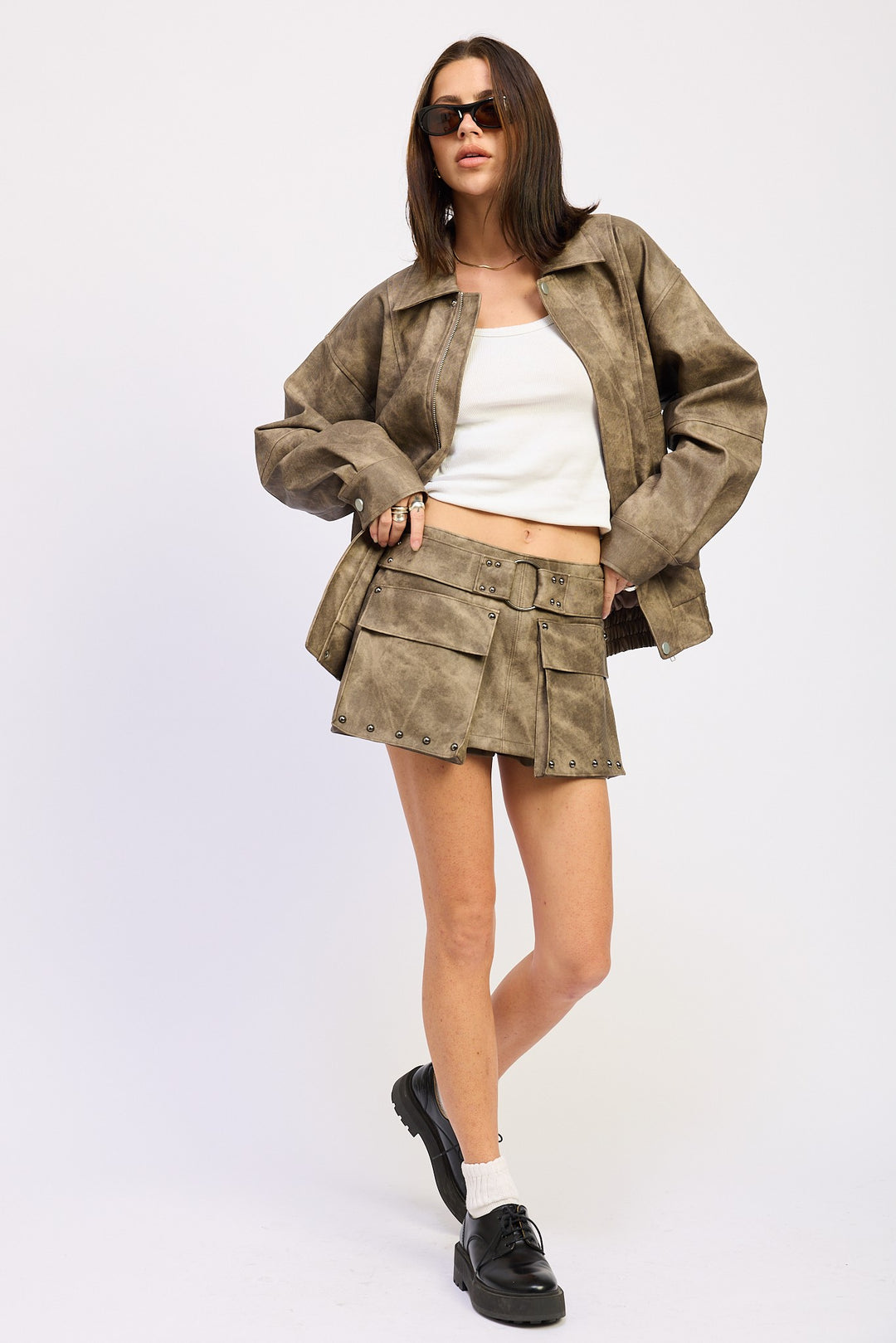 Dk  Brown Wash Low Rise Cargo Suede Mini Skirt