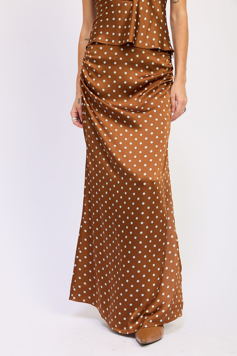 Cocoa Brown Polka Ruched Satin Maxi Skirt
