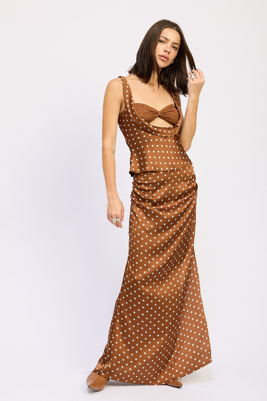 Ruched Satin Maxi Skirt