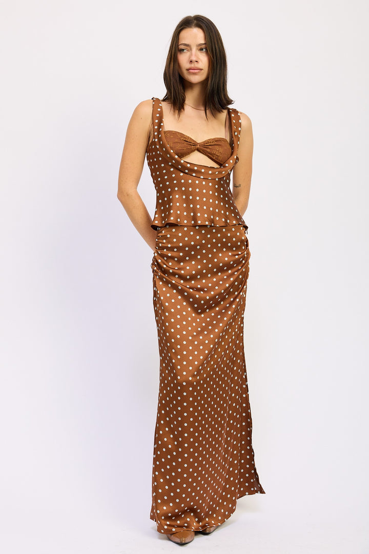Cocoa Brown Polka Ruched Satin Maxi Skirt