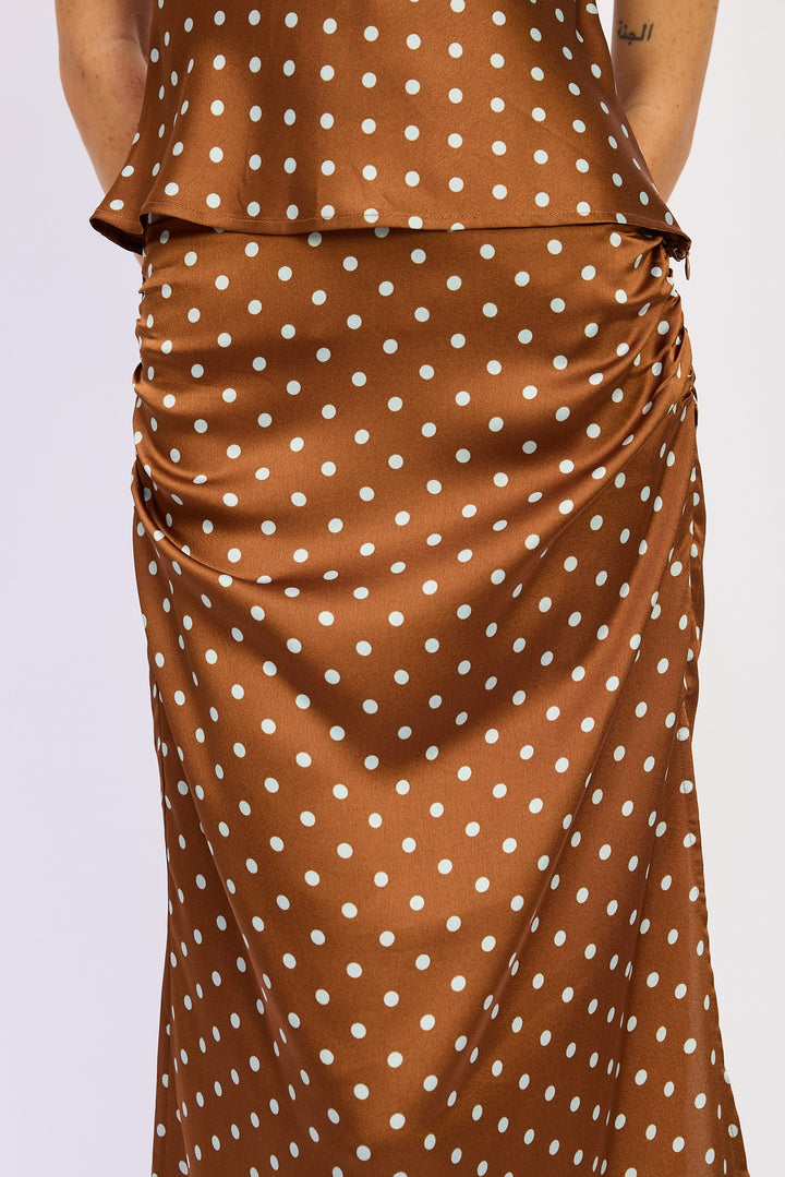 Cocoa Brown Polka Ruched Satin Maxi Skirt