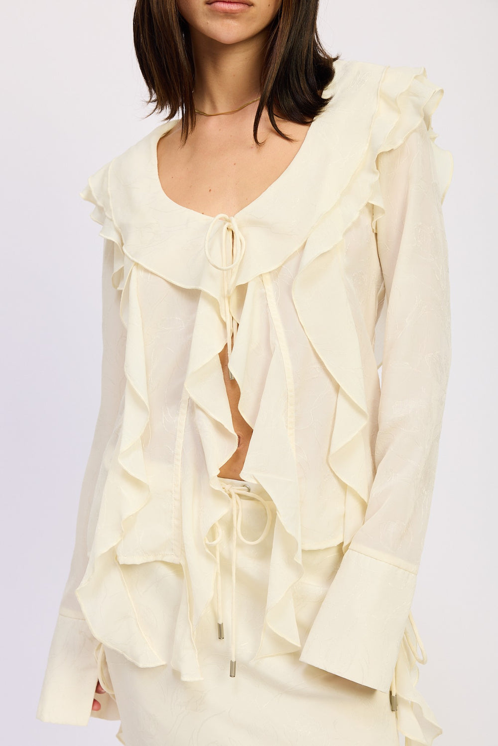 Cream Tie Front Ruffle Top