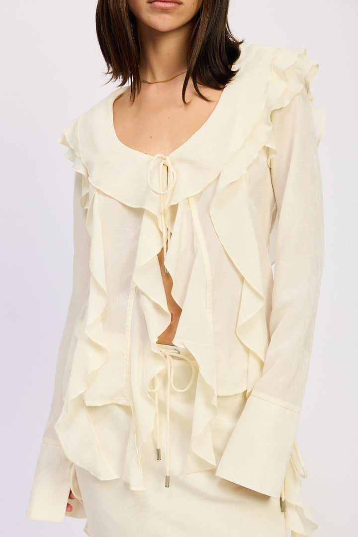 Cream Tie Front Ruffle Top
