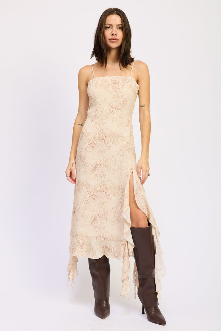 Ivory Leopard Ruffle Midi Dress With Back Tie Detail