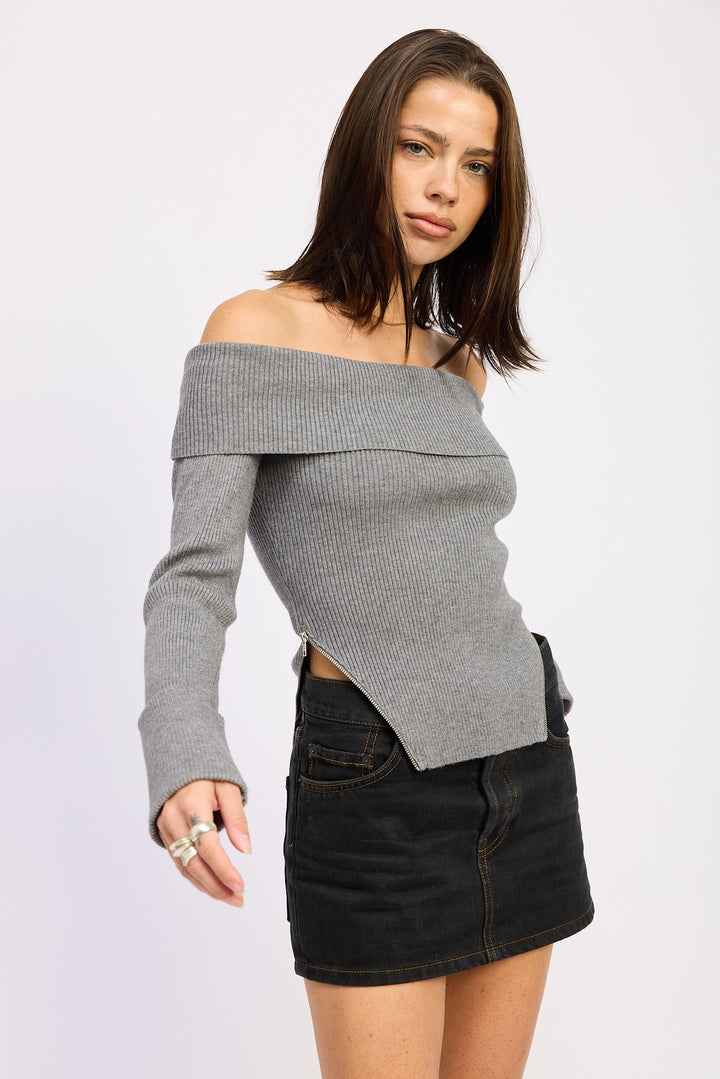 Ribbed Off Shoulder Sweater With Zipper