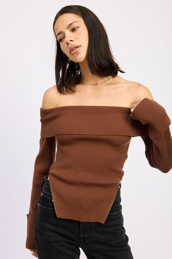 Ribbed Off Shoulder Sweater With Zipper