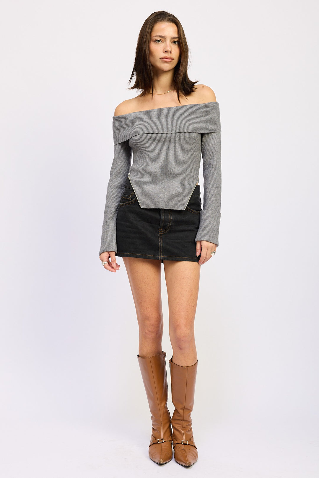 Charcoal Grey Ribbed Off Shoulder Sweater With Zipper