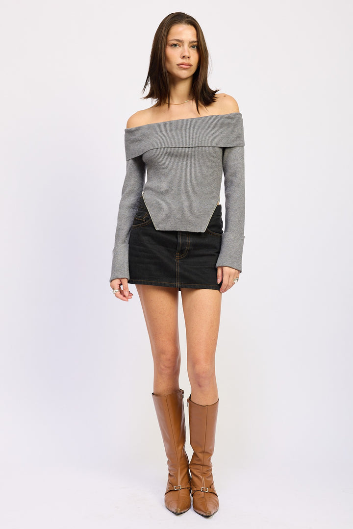 Charcoal Grey Ribbed Off Shoulder Sweater With Zipper