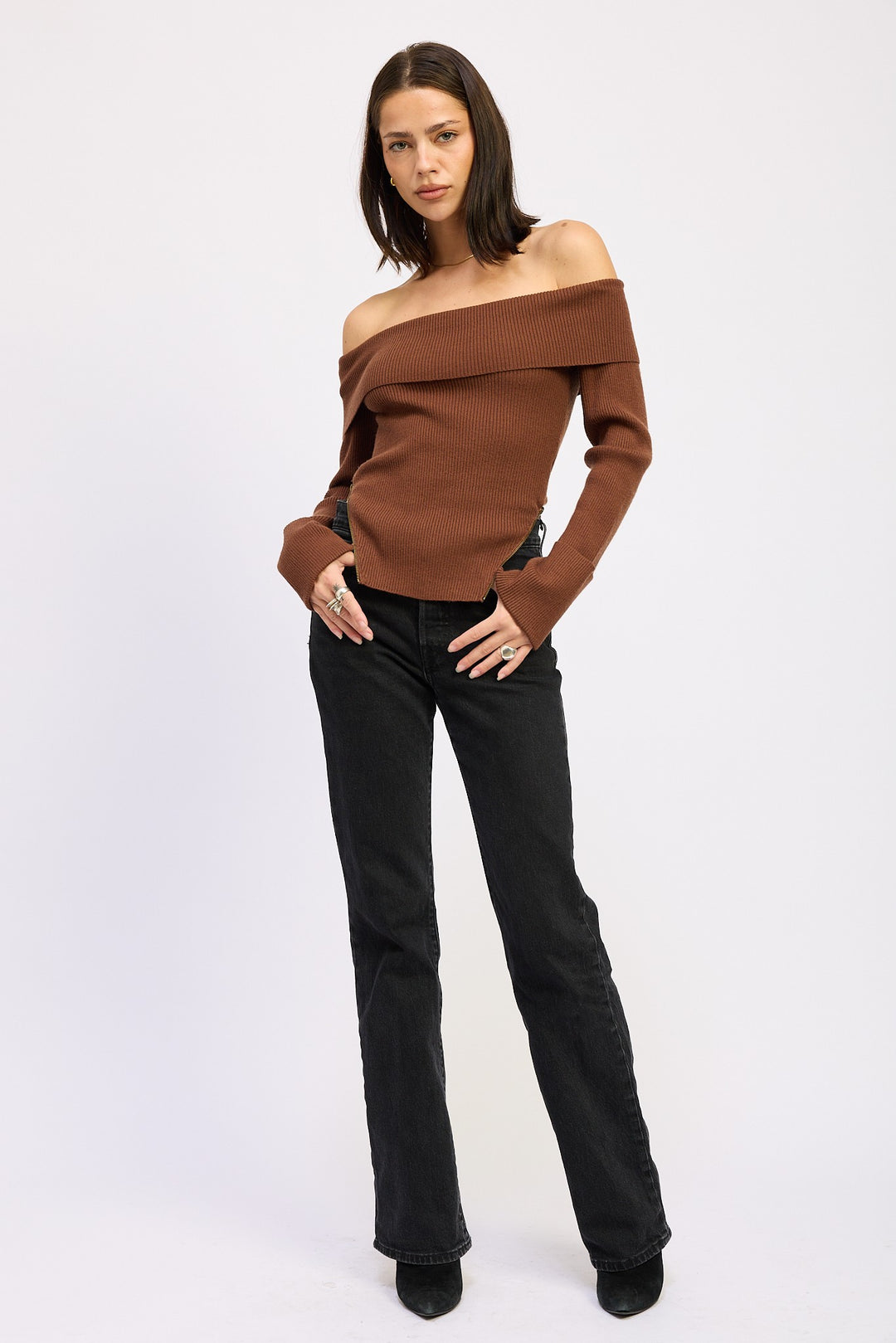 Ribbed Off Shoulder Sweater With Zipper