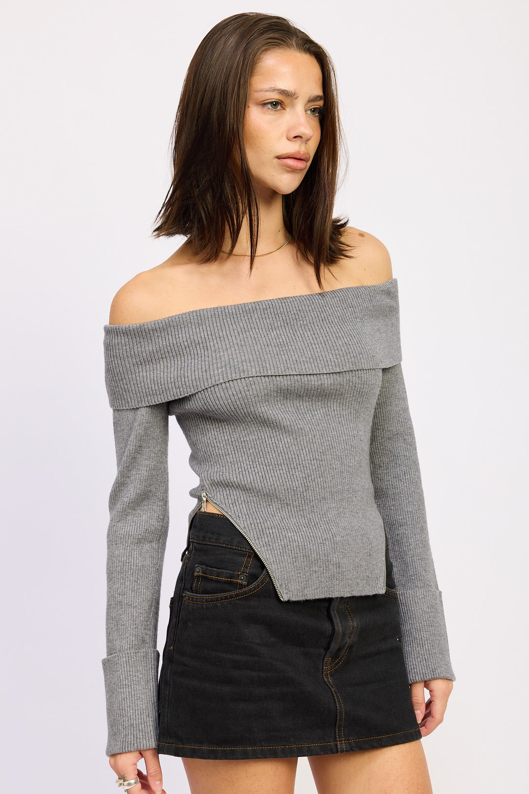 Dark Chocolate Ribbed Off Shoulder Sweater With Zipper