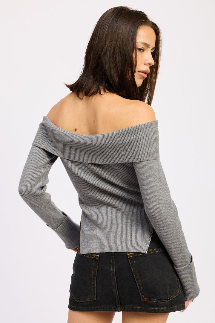 Ribbed Off Shoulder Sweater With Zipper