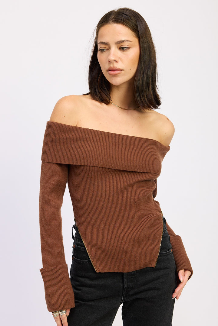 Ribbed Off Shoulder Sweater With Zipper
