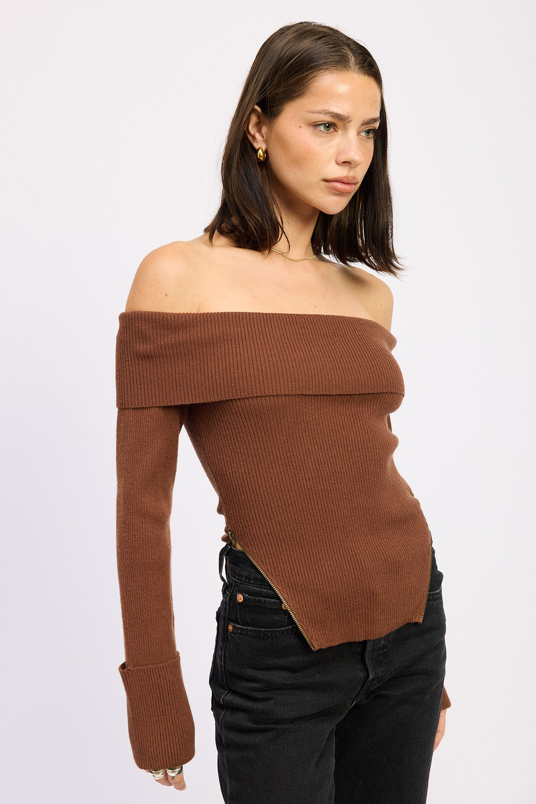 Ribbed Off Shoulder Sweater With Zipper