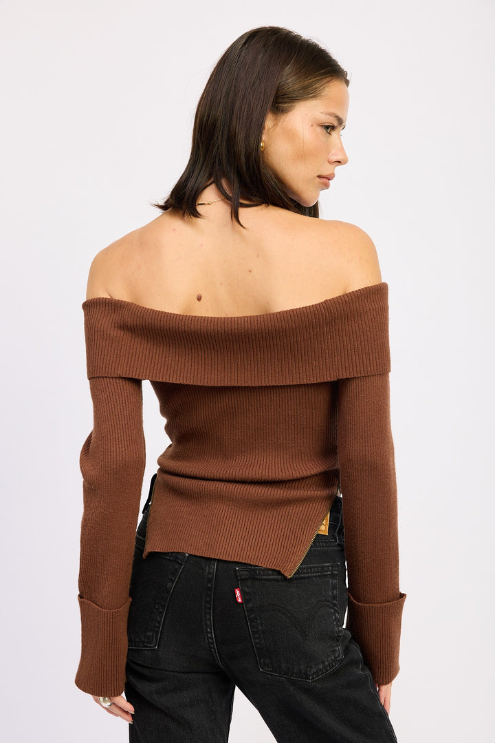 Ribbed Off Shoulder Sweater With Zipper