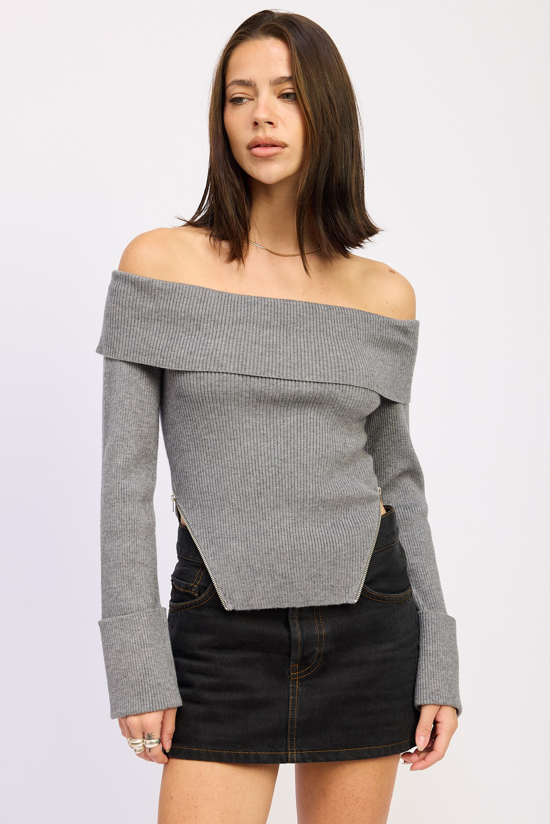 Charcoal Grey Ribbed Off Shoulder Sweater With Zipper