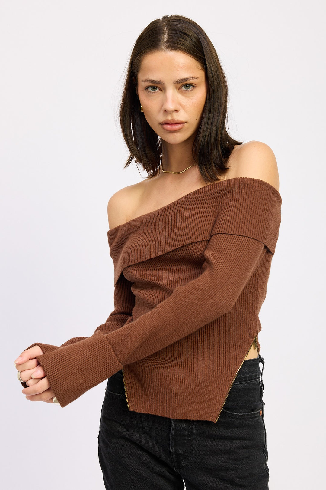 Ribbed Off Shoulder Sweater With Zipper