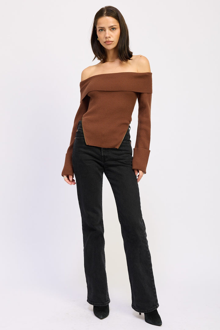 Ribbed Off Shoulder Sweater With Zipper