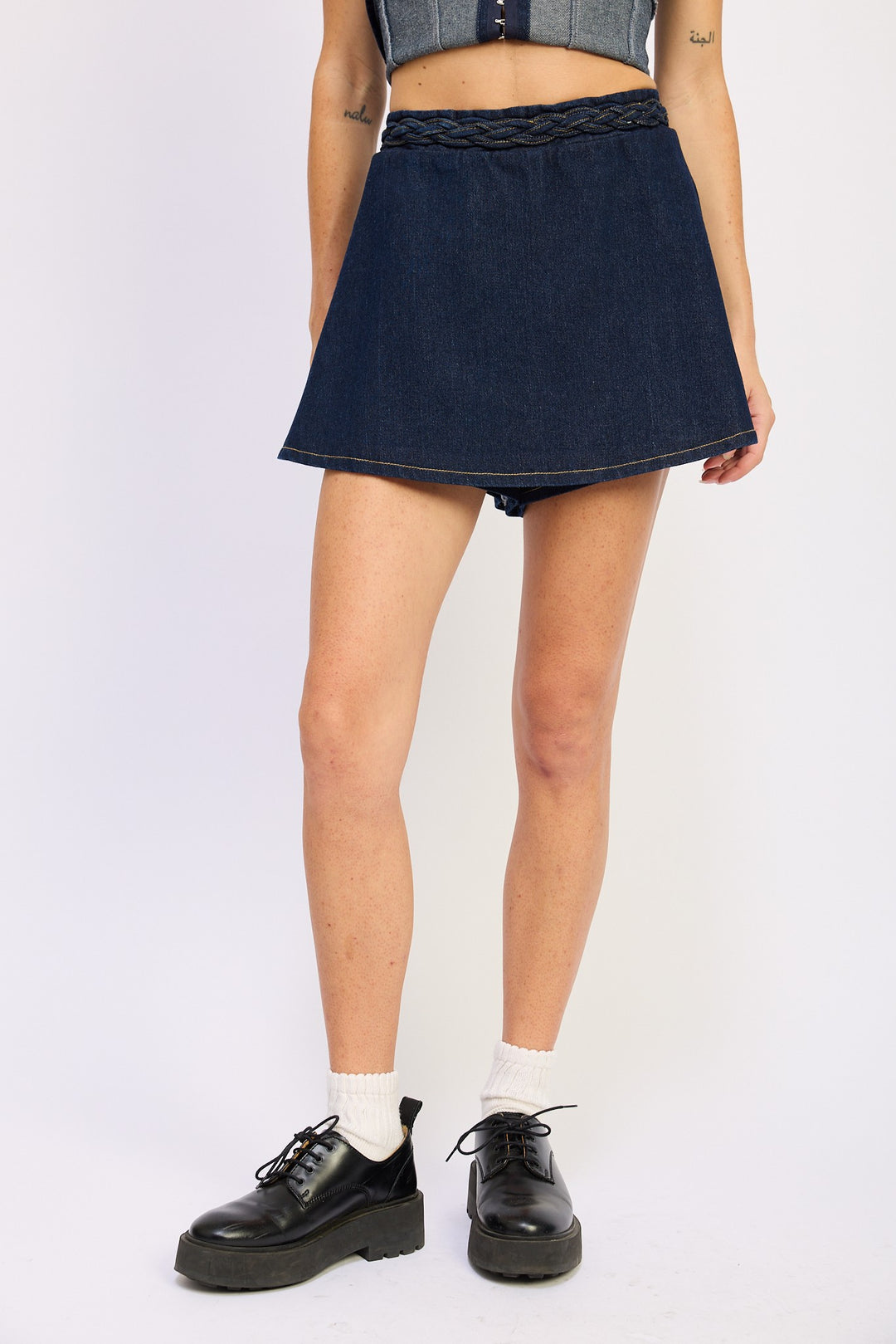 Denim Skort With Elastic Waistband