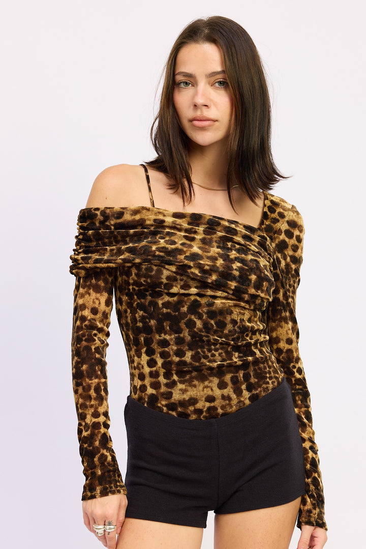 Brown Black Animal Print Flocking Mesh Asymmetrical Bodysuit