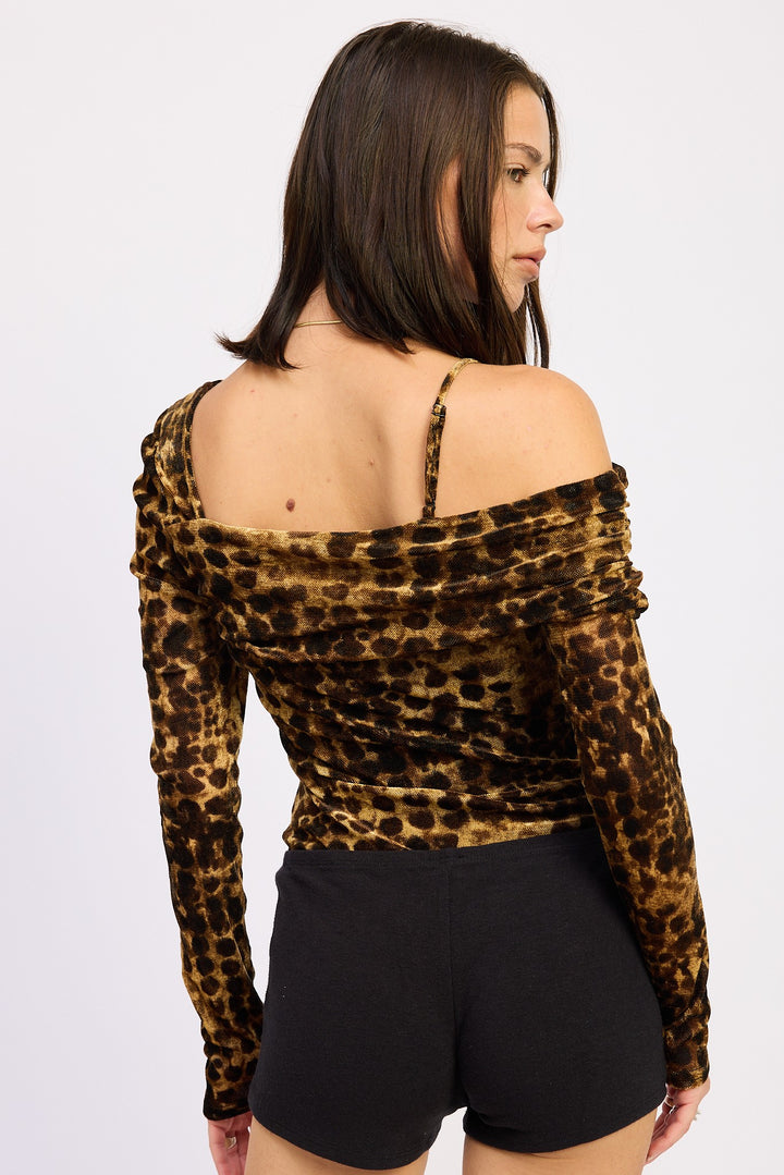 Animal Print Flocking Mesh Asymmetrical Bodysuit