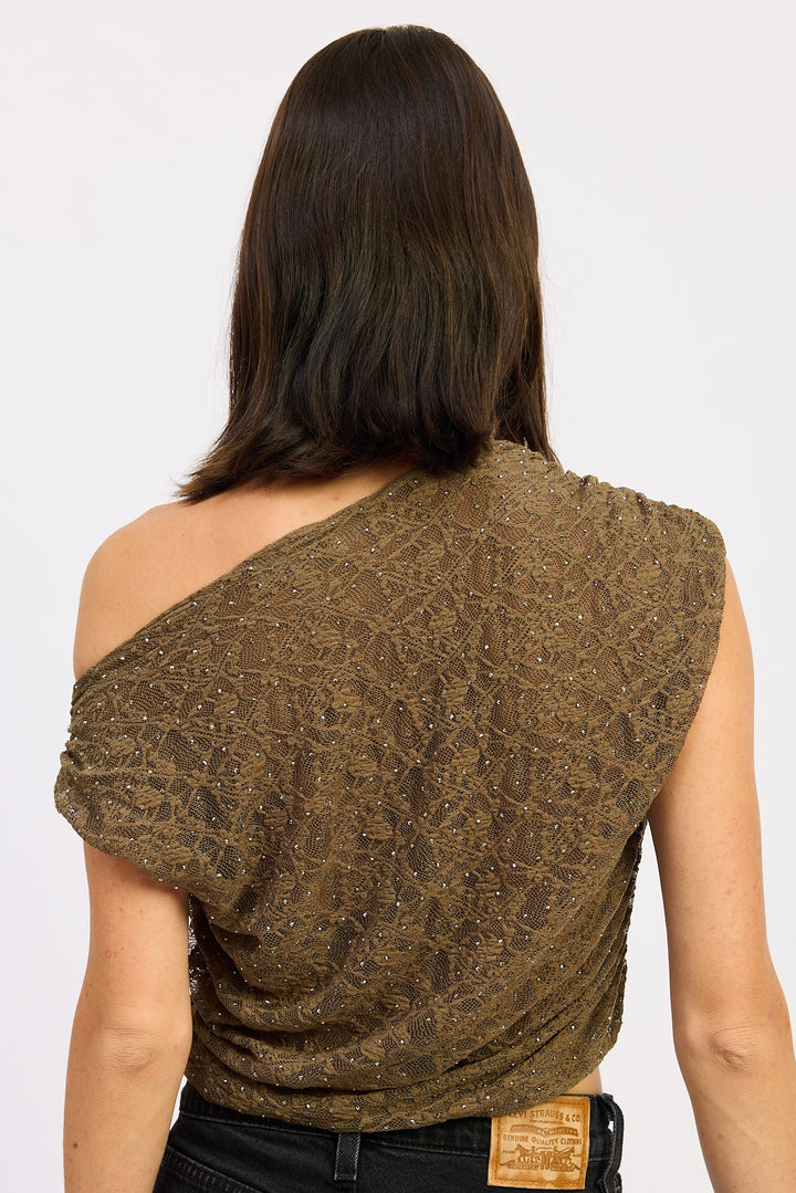 Ruched One Shoulder Lace Top With Rhinestones
