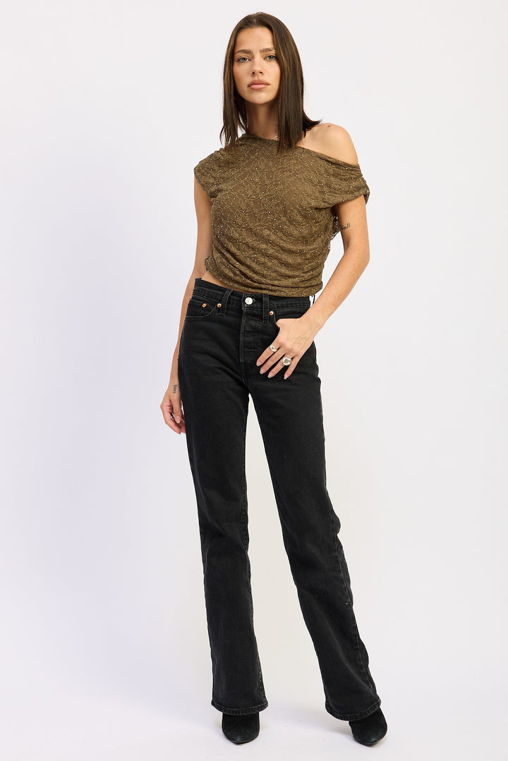 Ruched One Shoulder Lace Top With Rhinestones