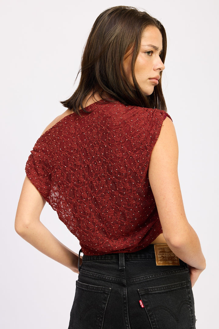 Ruched One Shoulder Lace Top With Rhinestones