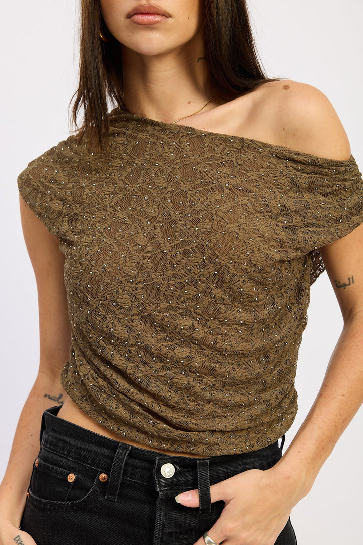 Ruched One Shoulder Lace Top With Rhinestones