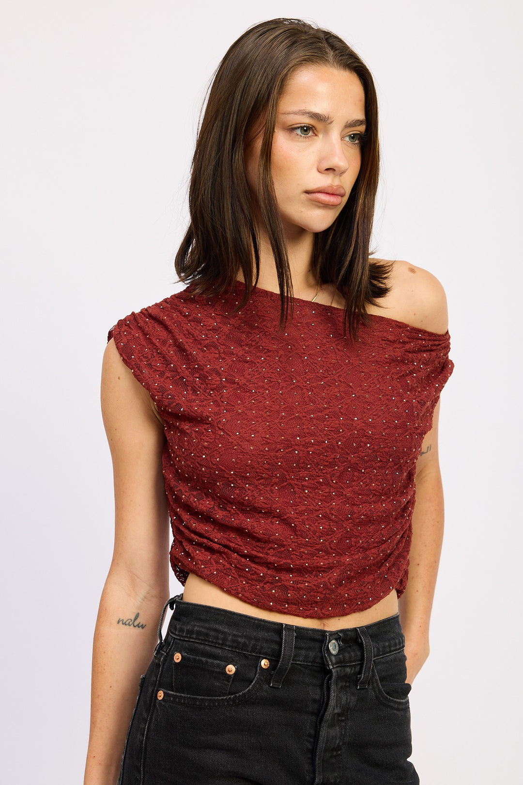 Ruched One Shoulder Lace Top With Rhinestones