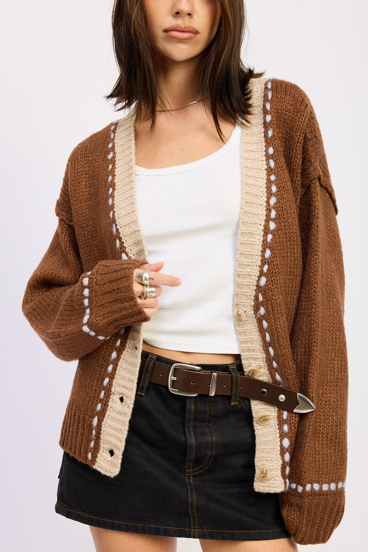 Chocolate Button Down Contrasted Cardigan