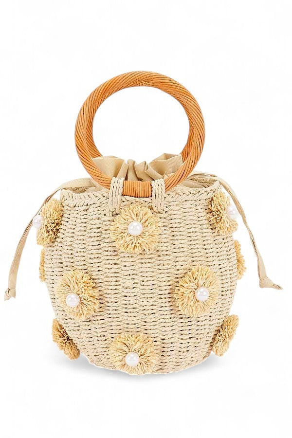 Khaki Pearl Raffia Flower Straw Top Handle Bucket Clutch 1
