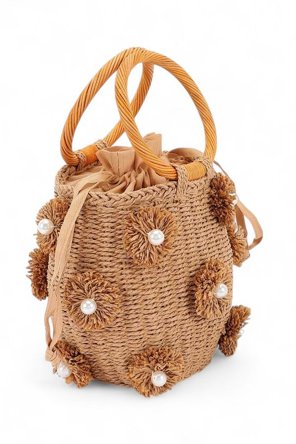 Pearl Raffia Flower Straw Top Handle Bucket Clutch 1