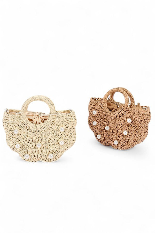 Pearl Raffia Flower Straw Top Handle Bucket Clutch
