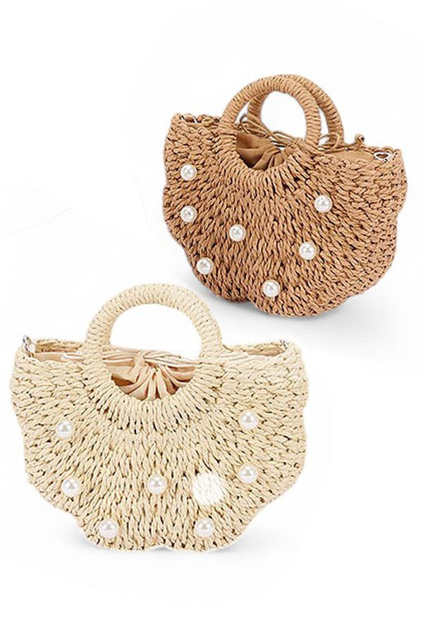 Ivory Pearl Raffia Flower Straw Top Handle Bucket Clutch