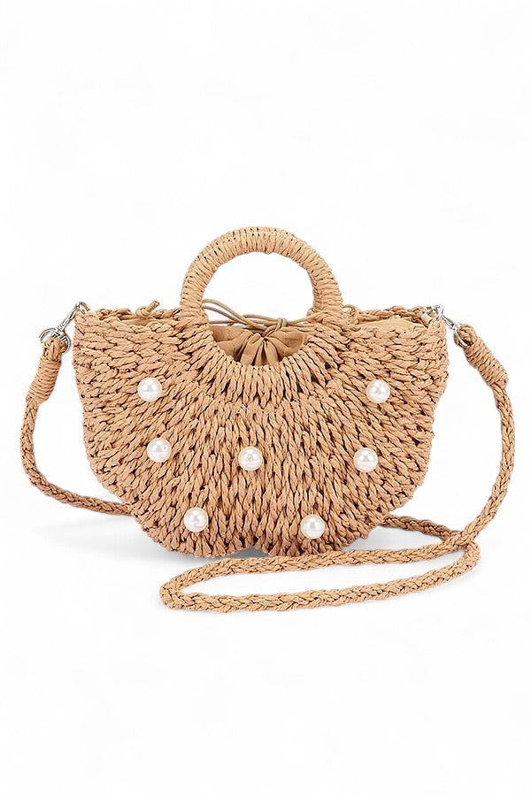 Khaki Pearl Raffia Flower Straw Top Handle Bucket Clutch