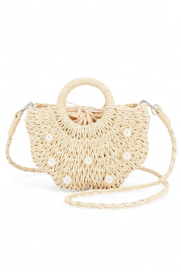 Pearl Raffia Flower Straw Top Handle Bucket Clutch