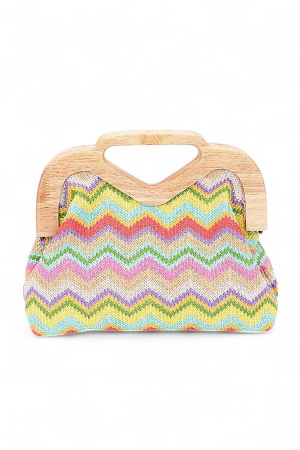 Brown Chevron Print Faux Straw Wodden Frame Clutch Bag 1