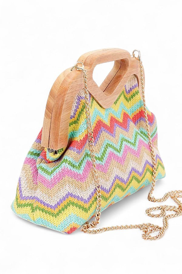 Chevron Print Faux Straw Wodden Frame Clutch Bag 1
