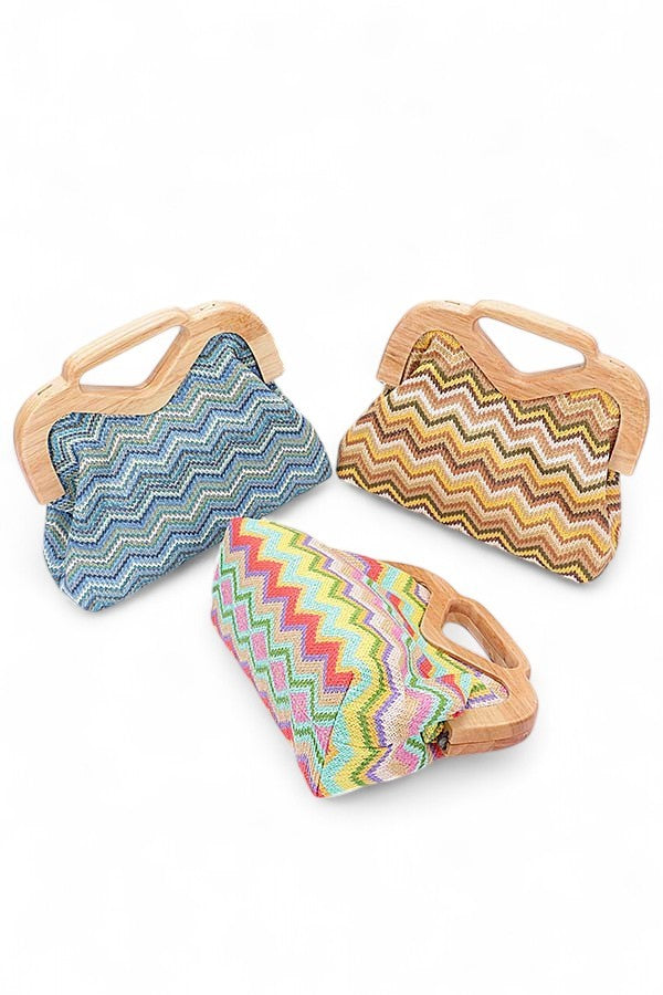 Chevron Print Faux Straw Wodden Frame Clutch Bag 1