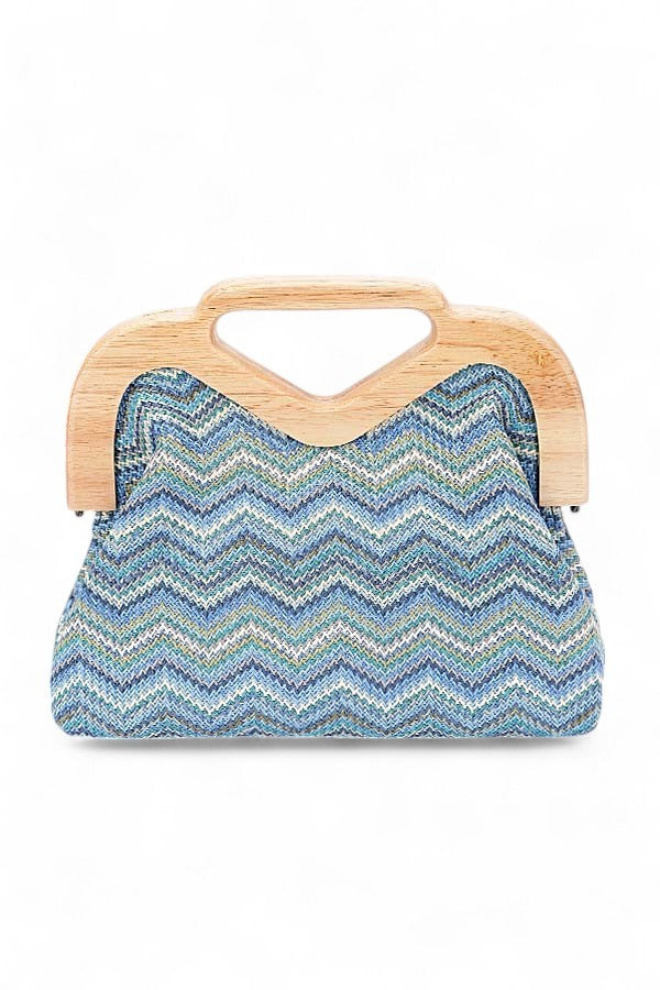 Multi Chevron Print Faux Straw Wodden Frame Clutch Bag 1