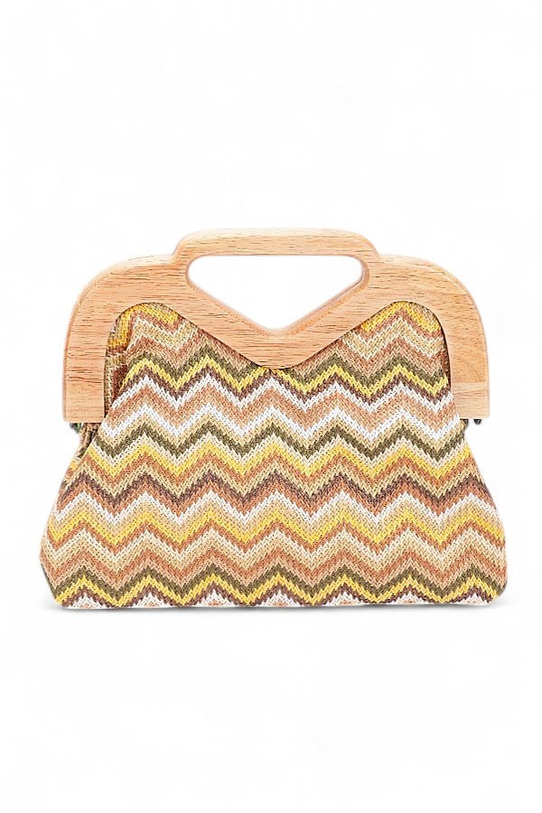 Blue Chevron Print Faux Straw Wodden Frame Clutch Bag 1