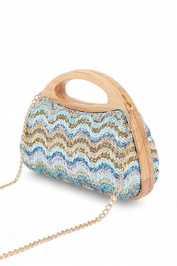 Blue Chevron Print Faux Straw Wodden Frame Clutch Bag