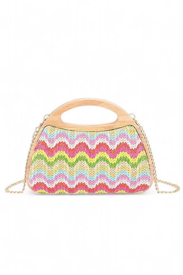 Multi Chevron Print Faux Straw Wodden Frame Clutch Bag