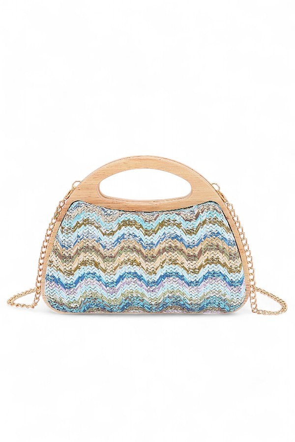 Chevron Print Faux Straw Wodden Frame Clutch Bag