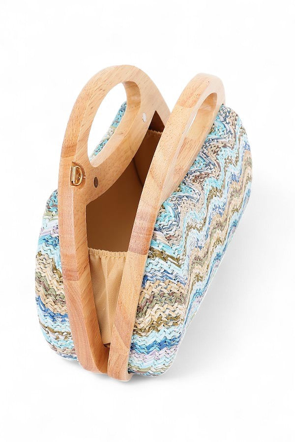 Chevron Print Faux Straw Wodden Frame Clutch Bag