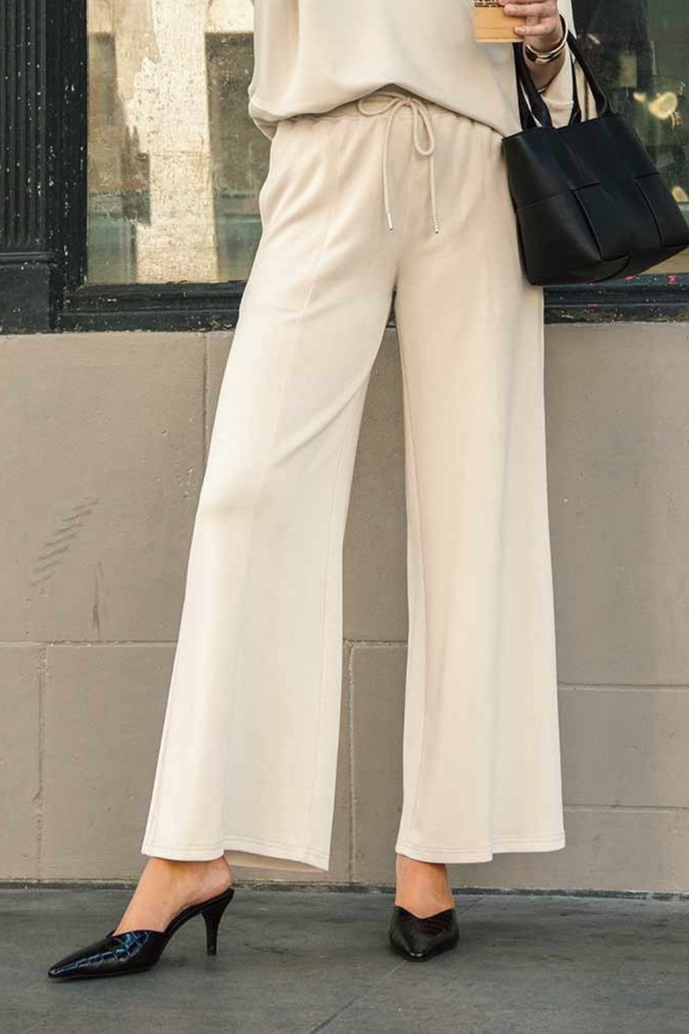 Ecru Umgee Full Size Drawstring Wide Leg Pants With Pockets